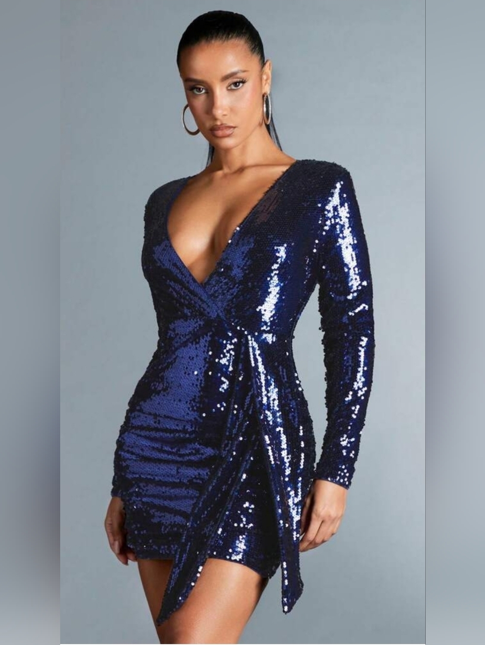 SHEIN Navy Sequin Long Sleeve Wrap Mini Dress